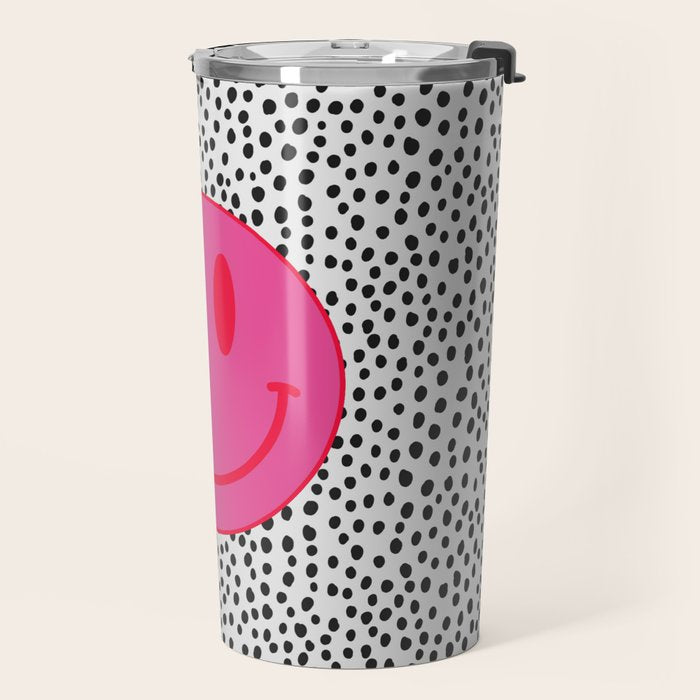 Cute Pink and Red Smiley Face on Black and White Background Travel Mug Gallery Image 2