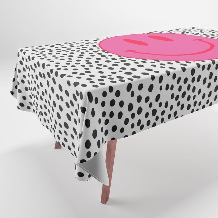 Cute Pink and Red Smiley Face on Black and White Background Tablecloth Gallery Image 1