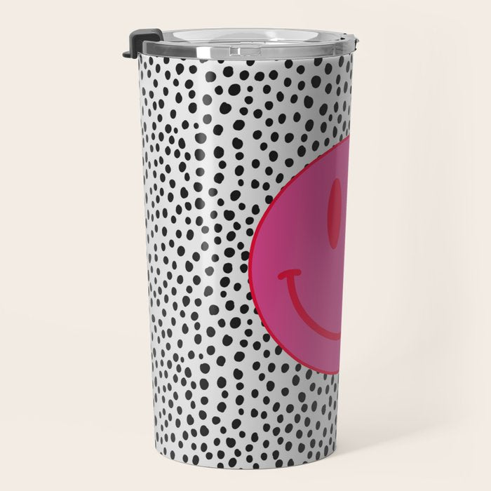 Cute Pink and Red Smiley Face on Black and White Background Travel Mug Gallery Image 3