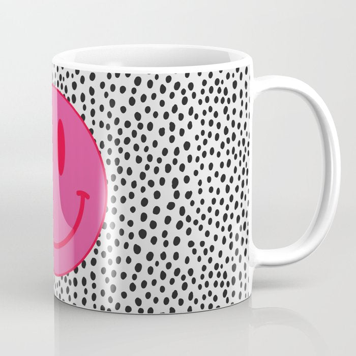 Cute Pink and Red Smiley Face on Black and White Background Coffee Mug Gallery Image 1
