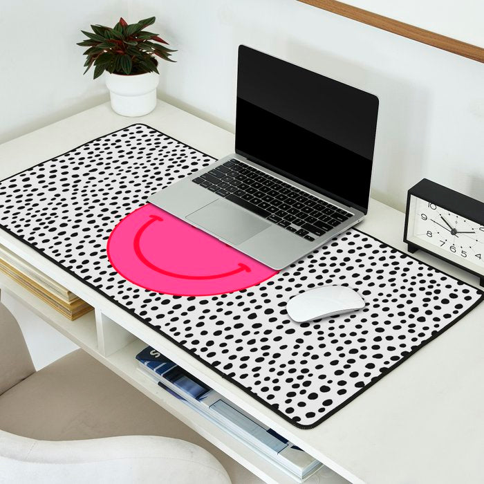 Cute Pink and Red Smiley Face on Black and White Background Desk Mat Gallery Image 2