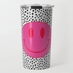 Cute Pink and Red Smiley Face on Black and White Background Travel Mug Gallery Image 1
