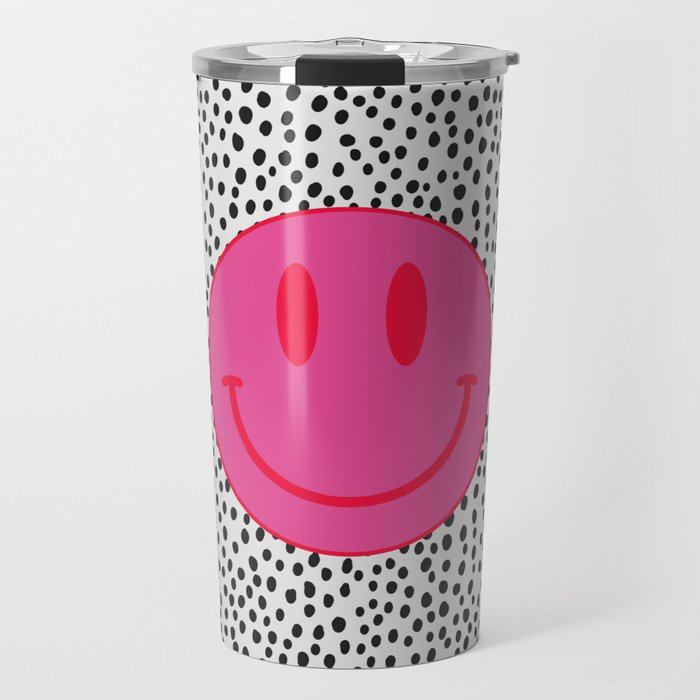 Cute Pink and Red Smiley Face on Black and White Background Travel Mug Gallery Image 1