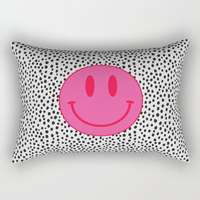 Cute Pink and Red Smiley Face on Black and White Background Rectangular Pillow Gallery Image 2