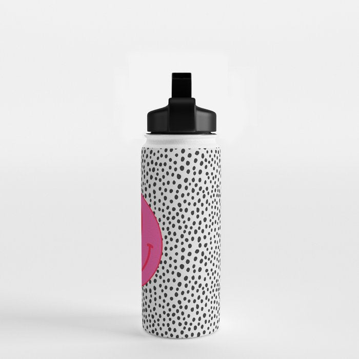 Cute Pink and Red Smiley Face on Black and White Background Water Bottle Gallery Image 2