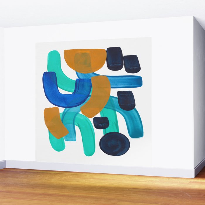 Minimalist Abstract Mid Century Modern Colorful Shapes Marine Green Teal Blue Yellow Pattern Wall Mural Gallery Image 2