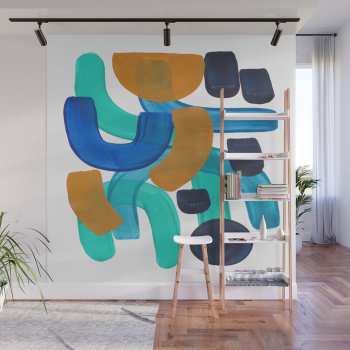 Minimalist Abstract Mid Century Modern Colorful Shapes Marine Green Teal Blue Yellow Pattern Wall Mural Gallery Image 1