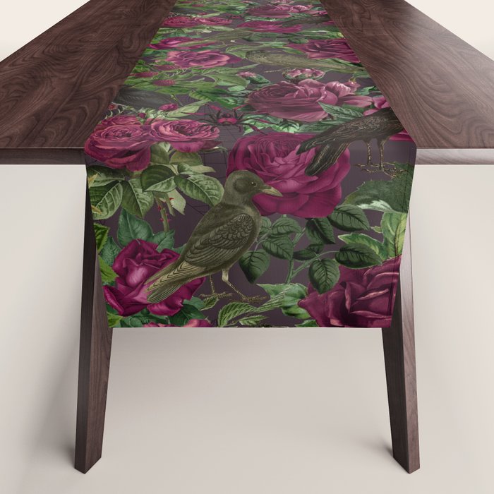 Burgundy Roses and Ravens Dark Gothic Pattern  Table Runner Gallery Image 1