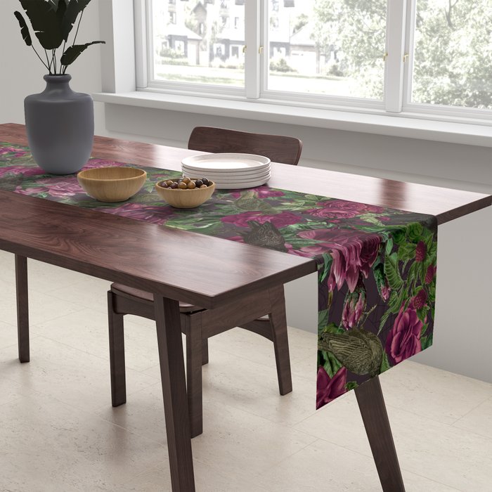 Burgundy Roses and Ravens Dark Gothic Pattern  Table Runner Gallery Image 2