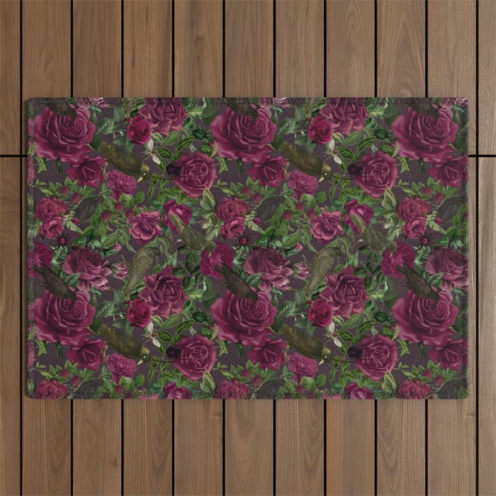 Burgundy Roses and Ravens Dark Gothic Pattern  Outdoor Rug Gallery Image 1