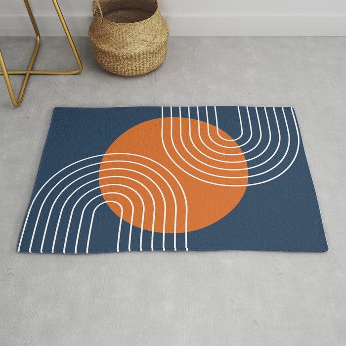 Mid Century Modern Geometric 161 Sun Rainbow abstract in Navy Blue Orange Rug Gallery Image 1