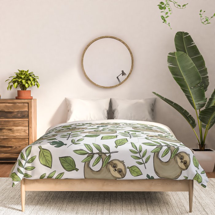 Little Sloth Hanging Around, Cute Sloth Print, Gray and Green, Hand-Drawn Sloth Comforter Gallery Image 3