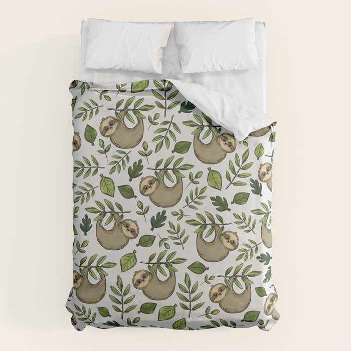 Little Sloth Hanging Around, Cute Sloth Print, Gray and Green, Hand-Drawn Sloth Duvet Cover Gallery Image 1