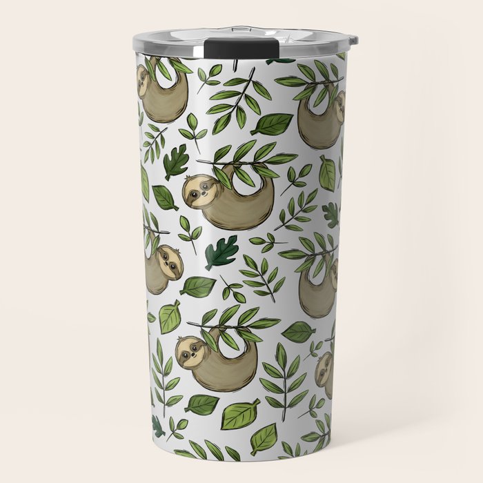 Little Sloth Hanging Around, Cute Sloth Print, Gray and Green, Hand-Drawn Sloth Travel Mug Gallery Image 1