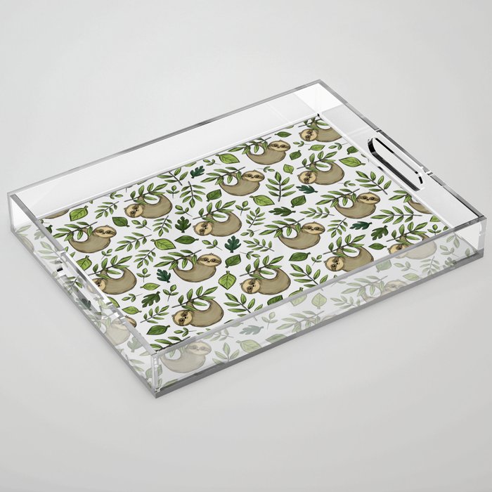 Little Sloth Hanging Around, Cute Sloth Print, Gray and Green, Hand-Drawn Sloth Acrylic Tray Gallery Image 1