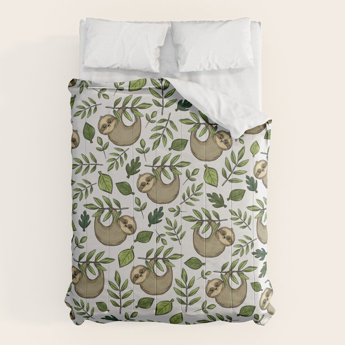 Little Sloth Hanging Around, Cute Sloth Print, Gray and Green, Hand-Drawn Sloth Comforter Gallery Image 6