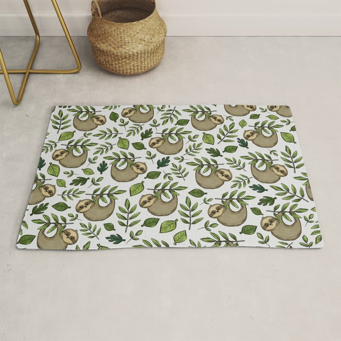 Little Sloth Hanging Around, Cute Sloth Print, Gray and Green, Hand-Drawn Sloth Rug Gallery Image 1
