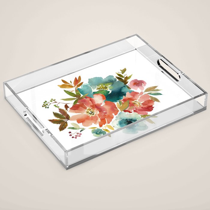 Red Turquoise Teal Floral Watercolor Acrylic Tray Gallery Image 1