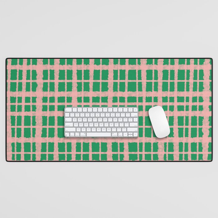 Retro Picnic Plaid Painted Pattern in Bright Green and Pink Desk Mat Gallery Image 1