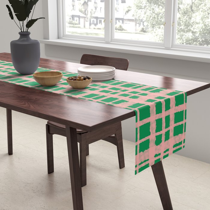 Retro Picnic Plaid Painted Pattern in Bright Green and Pink Table Runner Gallery Image 2