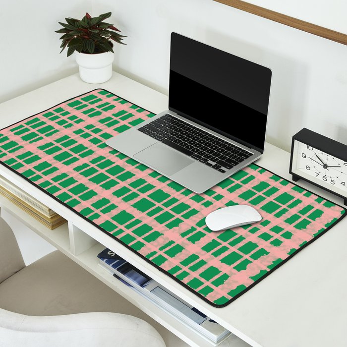 Retro Picnic Plaid Painted Pattern in Bright Green and Pink Desk Mat Gallery Image 2