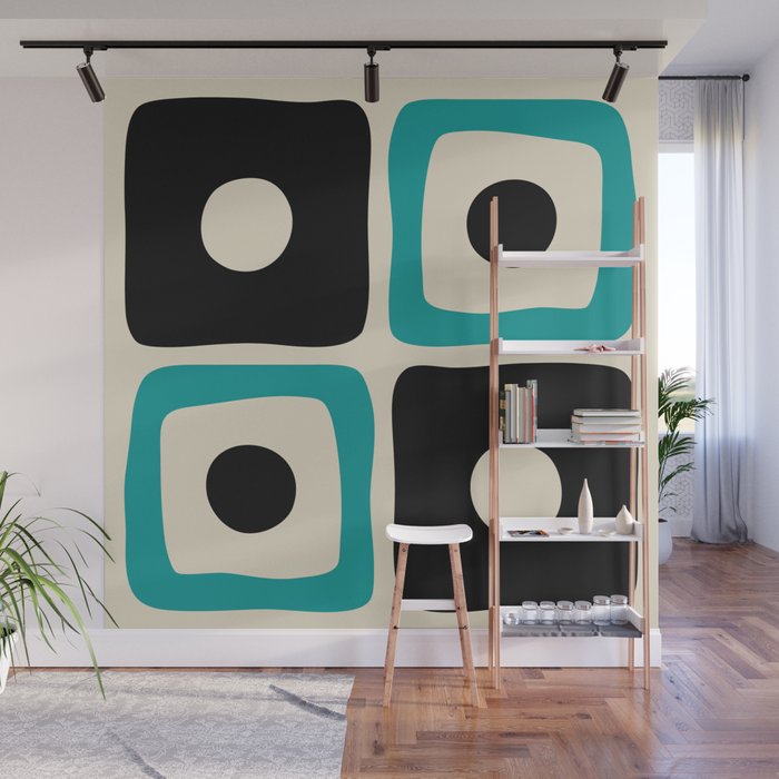 Mid Century Modern Square Dot Pattern 593 Black and Turquoise Wall Mural Gallery Image 1