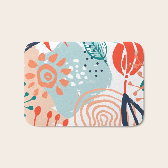 Summer Abstract, Floral Prints, Orange, Teal, Blue, Colourful Prints. Bath Mat Gallery Image 1