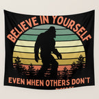 Bigfoot Funny Believe In Yourself Motivational Sasquatch Vintage Sunset Wall Tapestry Gallery Image 4