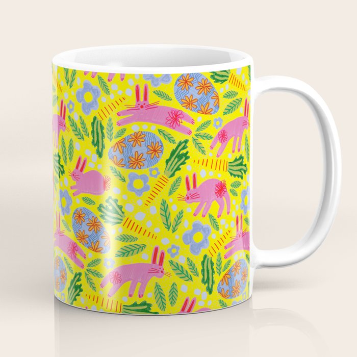 Cute Colorful Rabbits & Decorative Eggs in Yellow & Pink Coffee Mug Gallery Image 1