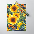 Festive, Sunflower, Yellow and Green on Navy Blue, Floral Prints Wrapping Paper Gallery Image 1