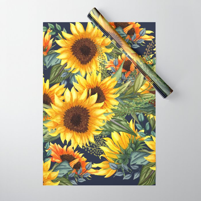 Festive, Sunflower, Yellow and Green on Navy Blue, Floral Prints Wrapping Paper Gallery Image 1