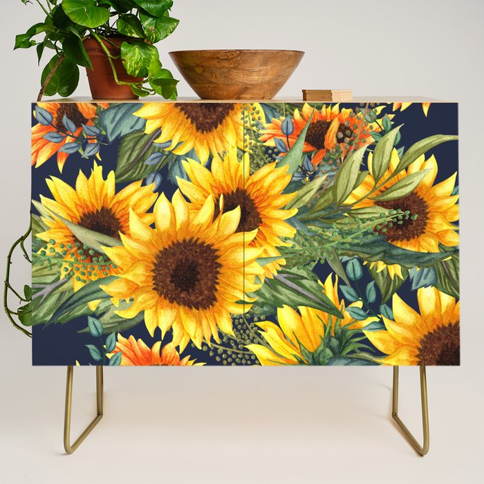 Festive, Sunflower, Yellow and Green on Navy Blue, Floral Prints Credenza Gallery Image 1