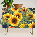 Festive, Sunflower, Yellow and Green on Navy Blue, Floral Prints Credenza Gallery Image 1