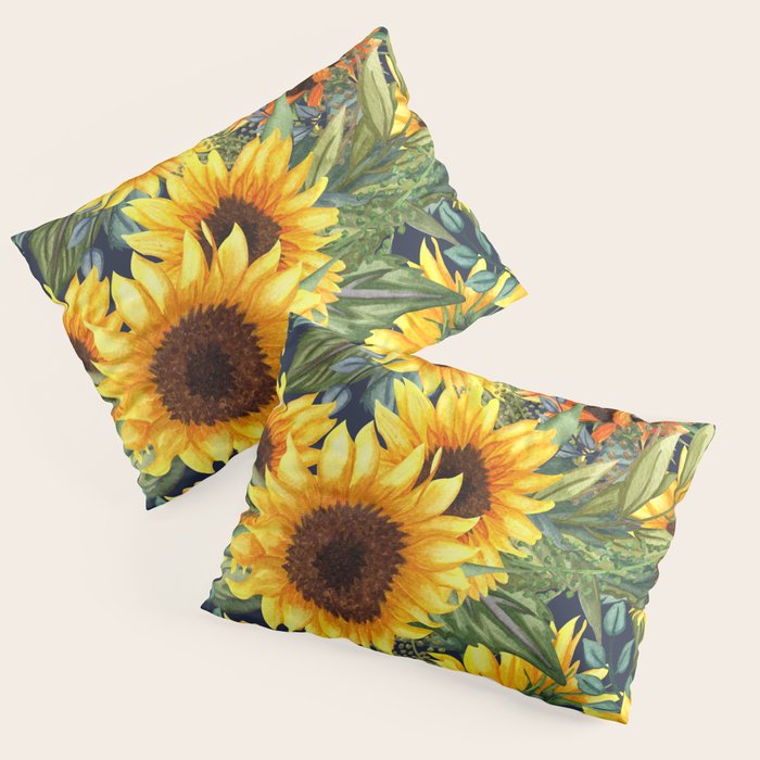 Festive, Sunflower, Yellow and Green on Navy Blue, Floral Prints Pillow Sham Gallery Image 3