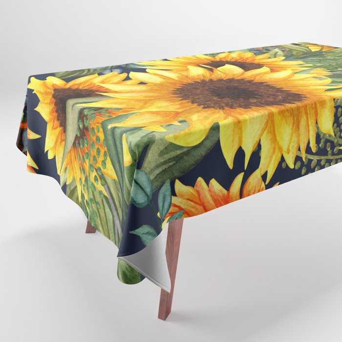 Festive, Sunflower, Yellow and Green on Navy Blue, Floral Prints Tablecloth Gallery Image 1