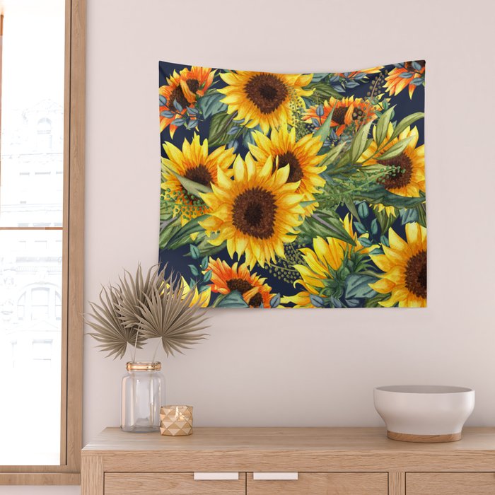 Festive, Sunflower, Yellow and Green on Navy Blue, Floral Prints Wall Tapestry Gallery Image 2