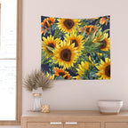 Festive, Sunflower, Yellow and Green on Navy Blue, Floral Prints Wall Tapestry Gallery Image 2