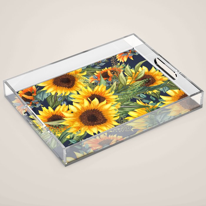 Festive, Sunflower, Yellow and Green on Navy Blue, Floral Prints Acrylic Tray Gallery Image 1