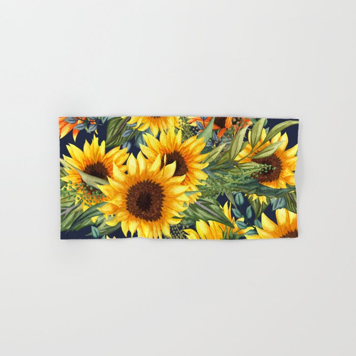 Festive, Sunflower, Yellow and Green on Navy Blue, Floral Prints Bath Towel Gallery Image 1