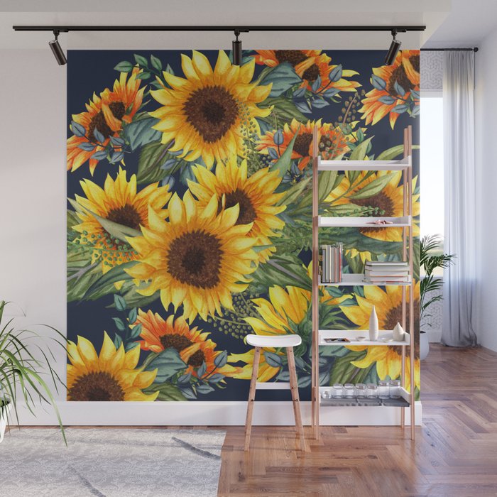 Festive, Sunflower, Yellow and Green on Navy Blue, Floral Prints Wall Mural Gallery Image 1