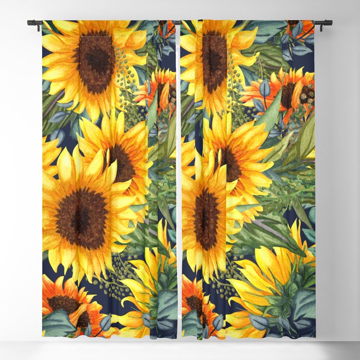 Festive, Sunflower, Yellow and Green on Navy Blue, Floral Prints Window Curtain Gallery Image 5