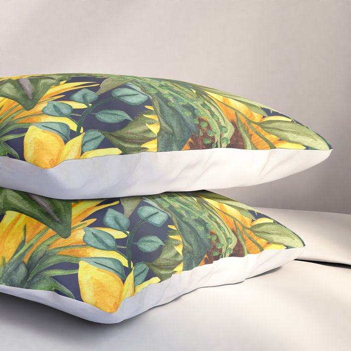 Festive, Sunflower, Yellow and Green on Navy Blue, Floral Prints Pillow Sham Gallery Image 3
