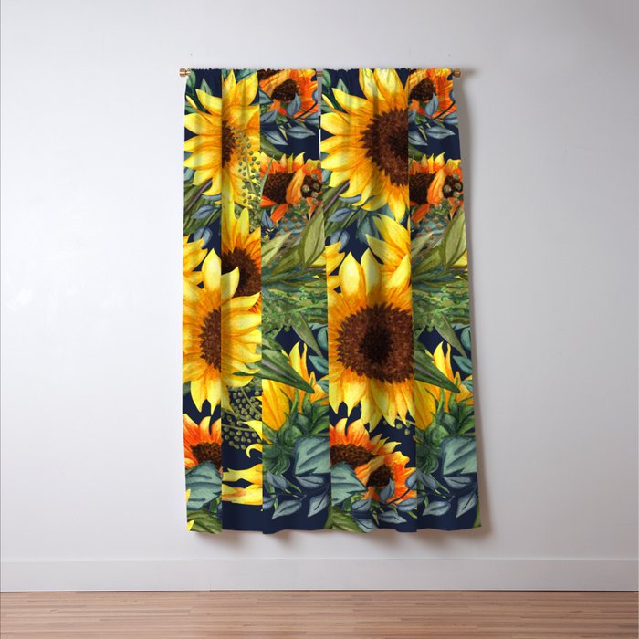 Festive, Sunflower, Yellow and Green on Navy Blue, Floral Prints Window Curtain Gallery Image 3