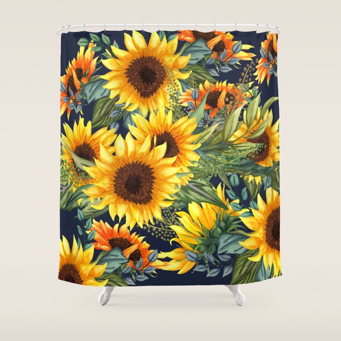 Festive, Sunflower, Yellow and Green on Navy Blue, Floral Prints Shower Curtain Gallery Image 1