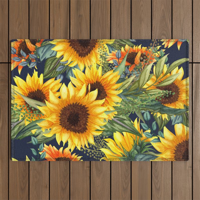Festive, Sunflower, Yellow and Green on Navy Blue, Floral Prints Outdoor Rug Gallery Image 1
