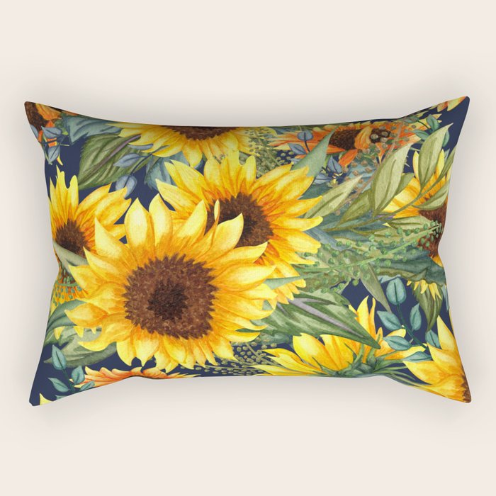 Festive, Sunflower, Yellow and Green on Navy Blue, Floral Prints Rectangular Pillow Gallery Image 1