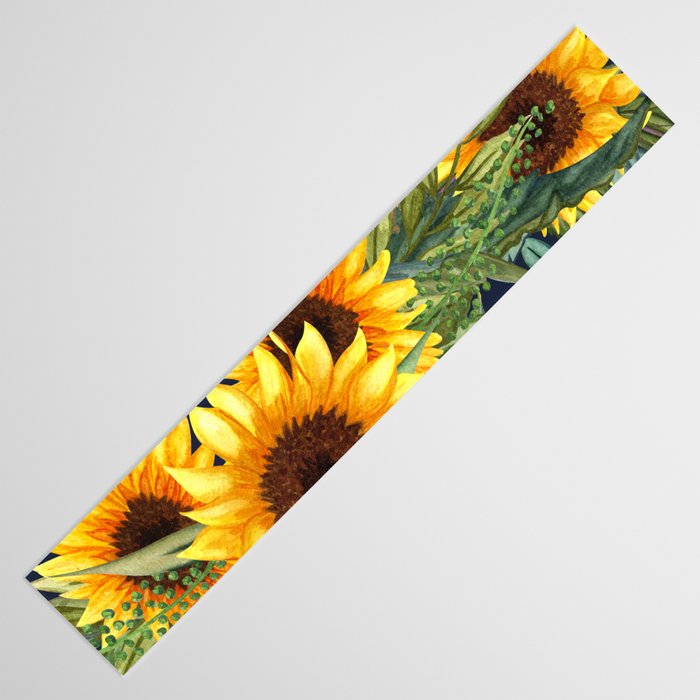 Festive, Sunflower, Yellow and Green on Navy Blue, Floral Prints Table Runner Gallery Image 3