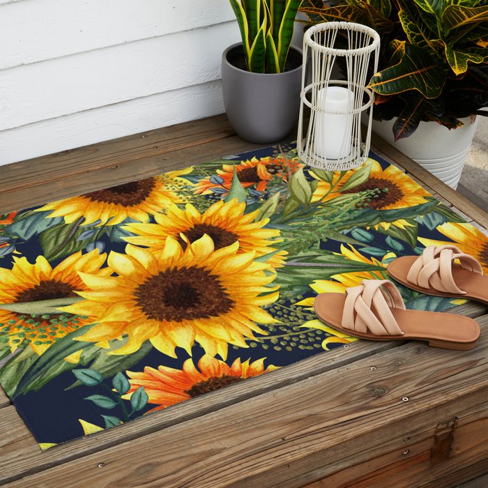 Festive, Sunflower, Yellow and Green on Navy Blue, Floral Prints Outdoor Rug Gallery Image 2