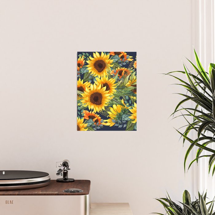 Festive, Sunflower, Yellow and Green on Navy Blue, Floral Prints Poster Gallery Image 2