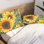 Festive, Sunflower, Yellow and Green on Navy Blue, Floral Prints Pillow Sham Gallery Image 2